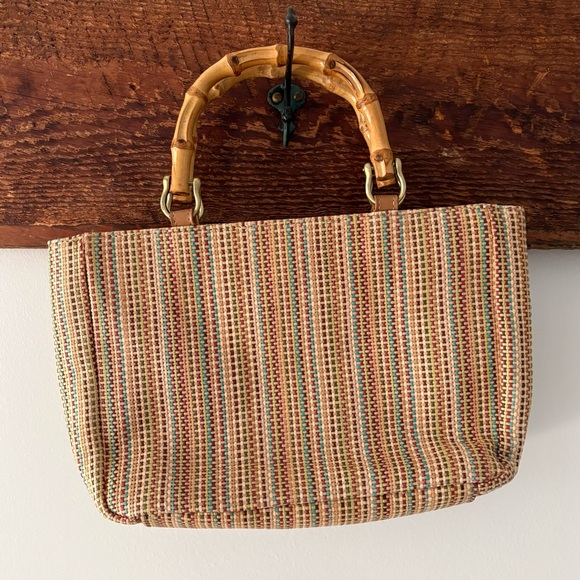 Relic—Woven Raffia Stripe Handbag Purse, Bamboo Handles - Picture 3 of 7